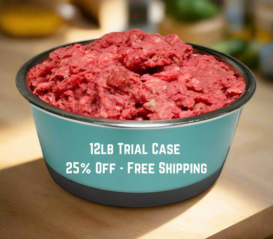 A bowl of raw dog food on a table, with text indicating it is a 12lb trial case with a discount and free shipping.